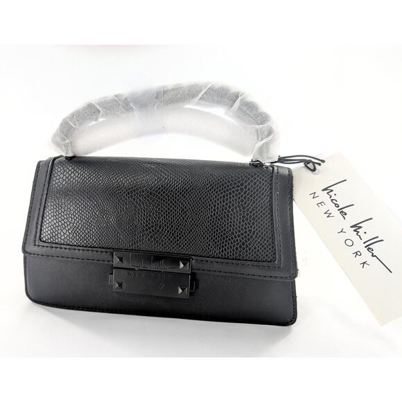 Nicole Miller Black Chain Accent Faux Leather Purse Bag - Picture 12 of 12